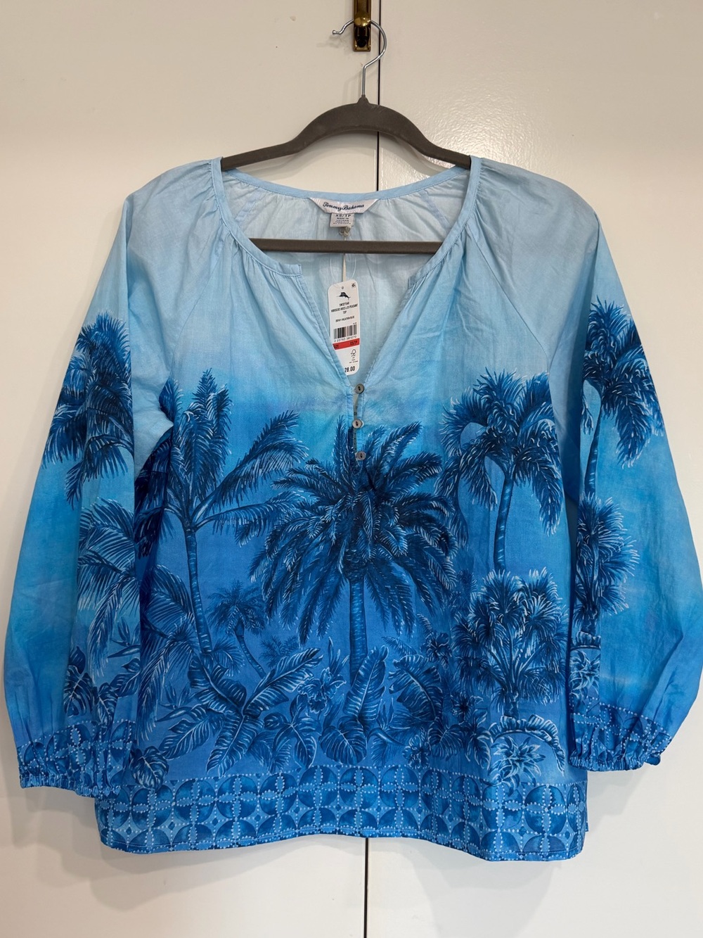 Tommy Bahama Blue Ombre Palm-Print Peasant Blouse